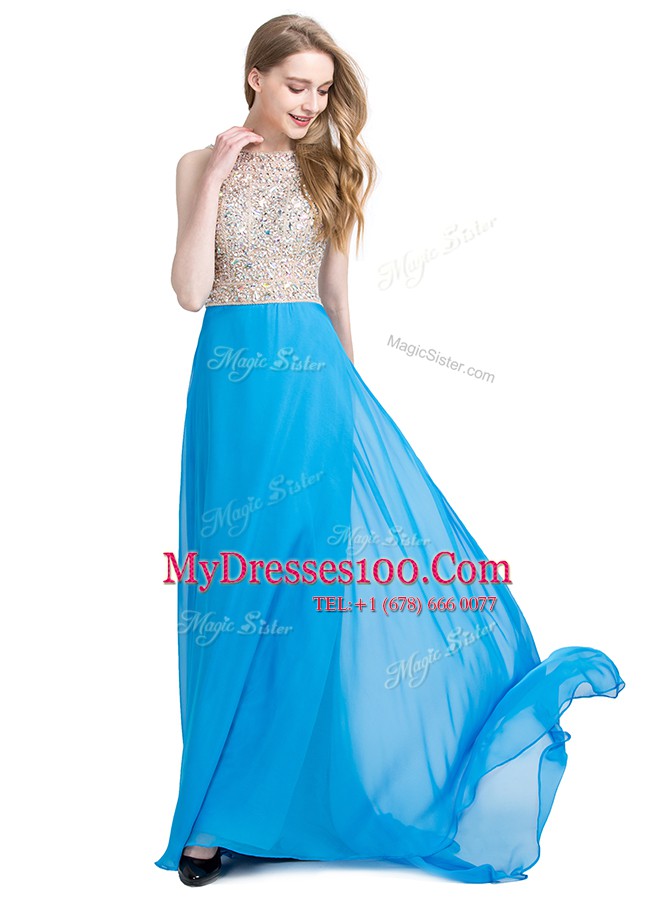 Flirting Scoop Sleeveless Chiffon With Brush Train Zipper Formal Dresses in Blue with Beading
