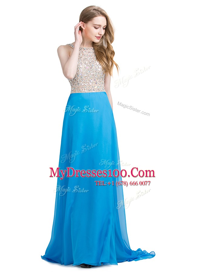 Flirting Scoop Sleeveless Chiffon With Brush Train Zipper Formal Dresses in Blue with Beading