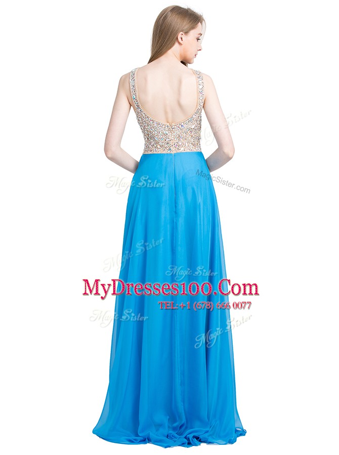 Flirting Scoop Sleeveless Chiffon With Brush Train Zipper Formal Dresses in Blue with Beading