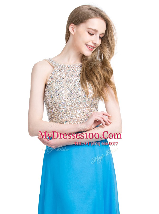 Flirting Scoop Sleeveless Chiffon With Brush Train Zipper Formal Dresses in Blue with Beading