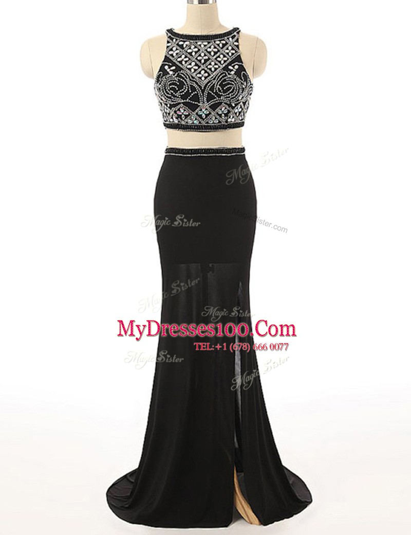 Black Chiffon Zipper Scoop Sleeveless With Train Prom Dresses Brush Train Beading