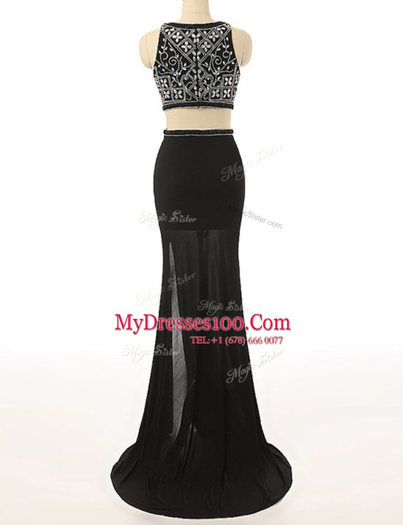 Black Chiffon Zipper Scoop Sleeveless With Train Prom Dresses Brush Train Beading