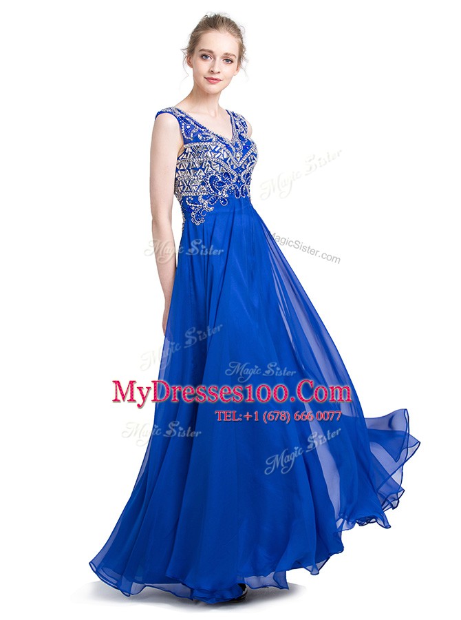 Elegant Royal Blue V-neck Neckline Beading Homecoming Dress Sleeveless Zipper