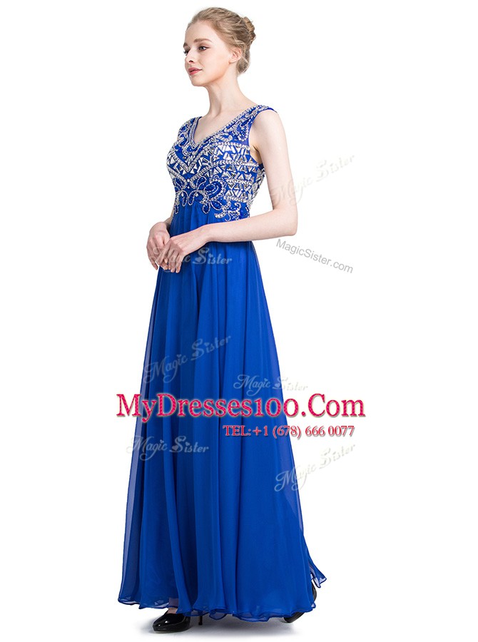 Elegant Royal Blue V-neck Neckline Beading Homecoming Dress Sleeveless Zipper