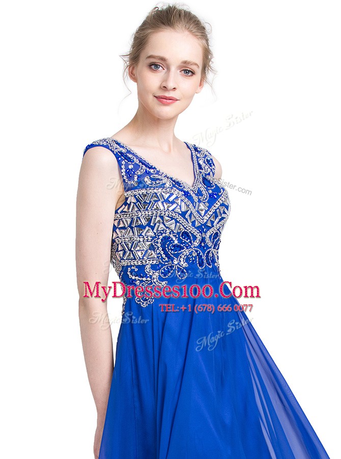 Elegant Royal Blue V-neck Neckline Beading Homecoming Dress Sleeveless Zipper