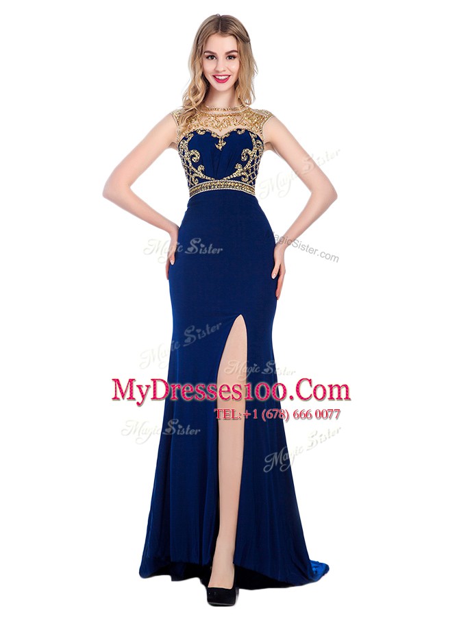 Navy Blue Column/Sheath Beading and Appliques Prom Party Dress Zipper Silk Like Satin Sleeveless With Train