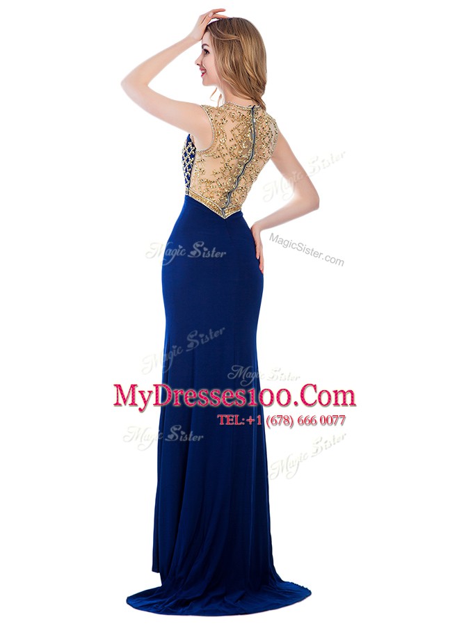 Navy Blue Column/Sheath Beading and Appliques Prom Party Dress Zipper Silk Like Satin Sleeveless With Train