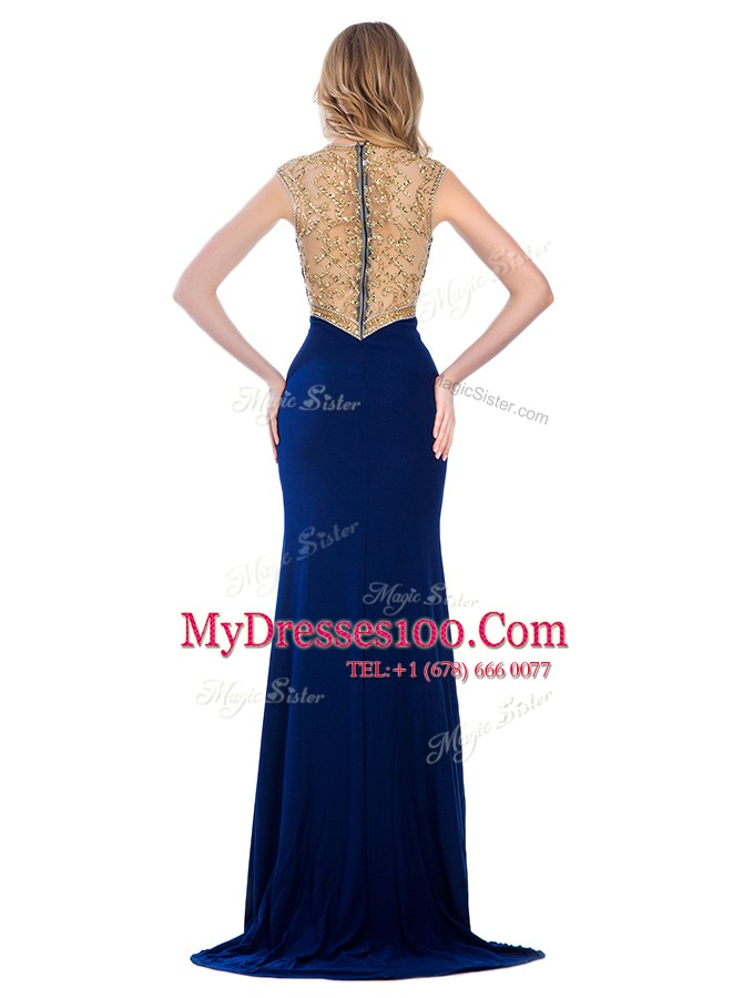 Navy Blue Column/Sheath Beading and Appliques Prom Party Dress Zipper Silk Like Satin Sleeveless With Train