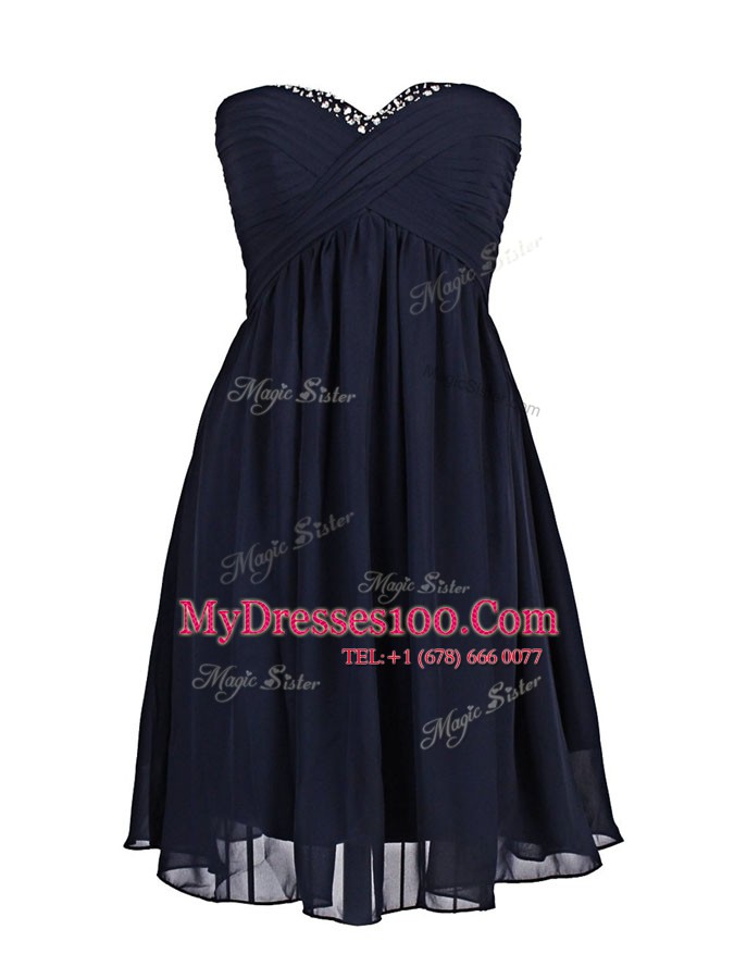 New Style Sweetheart Sleeveless Prom Dress Mini Length Beading Navy Blue Chiffon