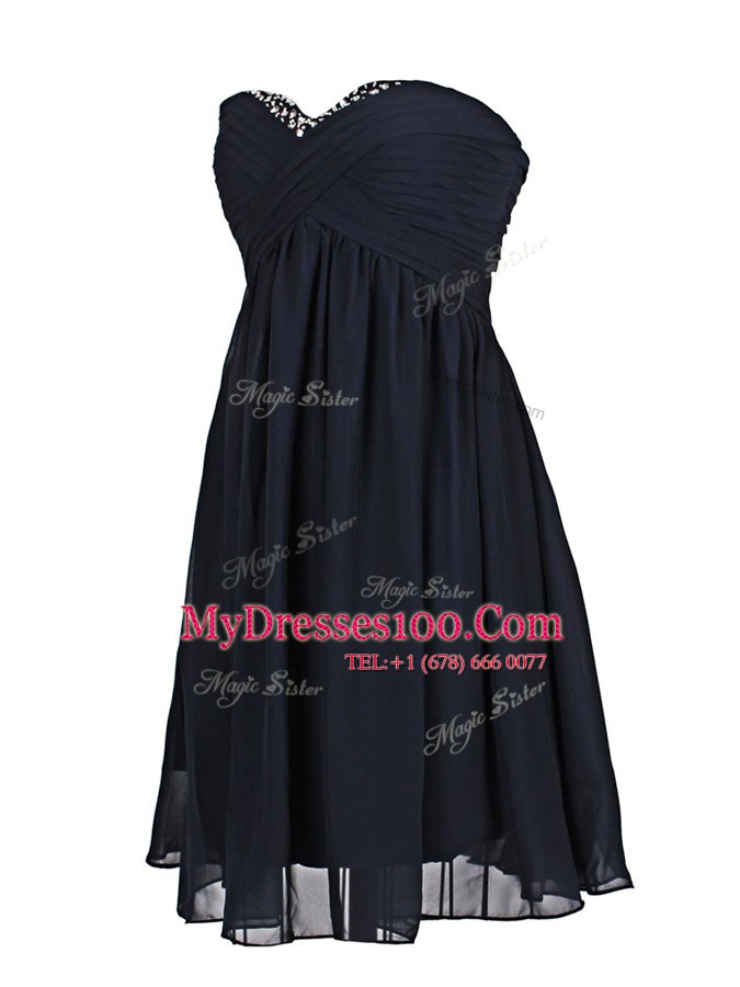 New Style Sweetheart Sleeveless Prom Dress Mini Length Beading Navy Blue Chiffon