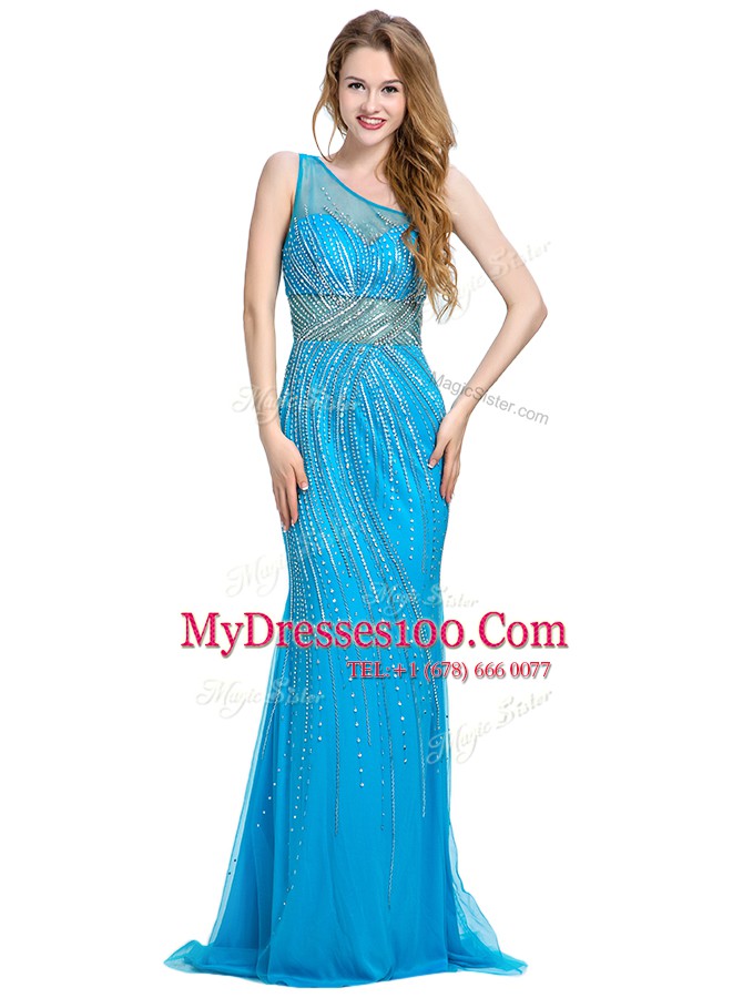One Shoulder Sleeveless With Train Beading Zipper Prom Dress with Baby Blue Brush Train