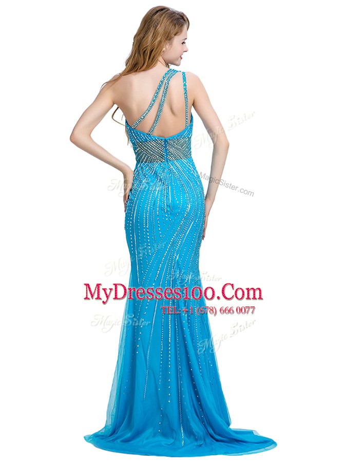 One Shoulder Sleeveless With Train Beading Zipper Prom Dress with Baby Blue Brush Train