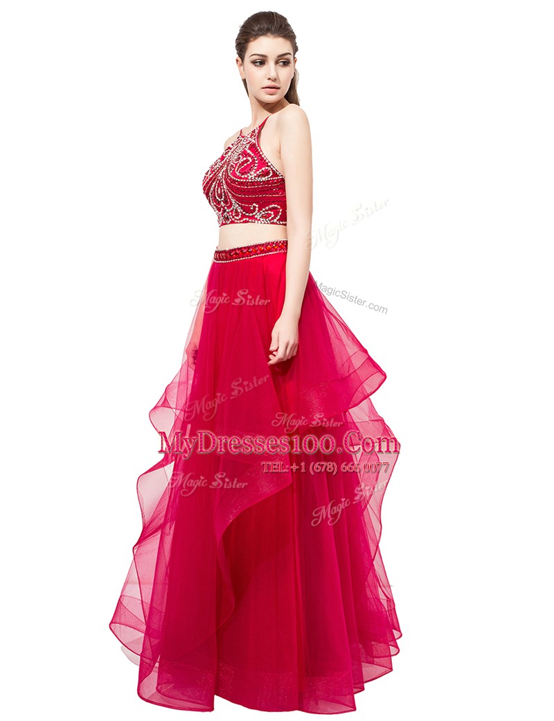 Eye-catching Red Organza Zipper High-neck Sleeveless Floor Length Homecoming Dress Beading