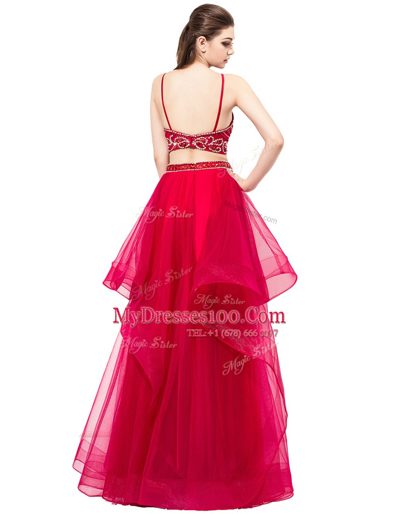 Eye-catching Red Organza Zipper High-neck Sleeveless Floor Length Homecoming Dress Beading