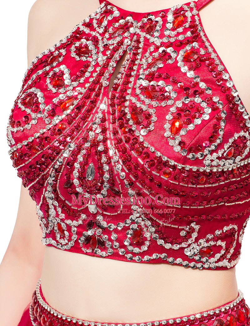 Eye-catching Red Organza Zipper High-neck Sleeveless Floor Length Homecoming Dress Beading