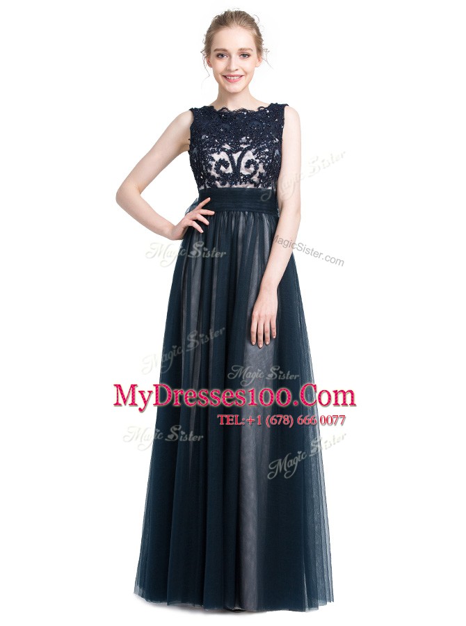 Chic Scalloped Navy Blue Zipper Dress for Prom Beading and Lace Sleeveless Floor Length