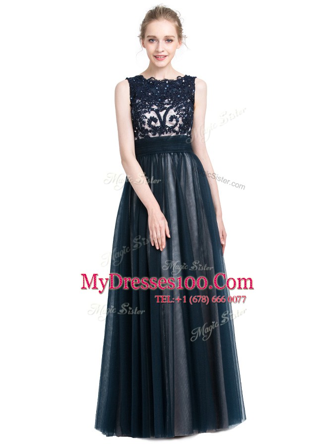 Chic Scalloped Navy Blue Zipper Dress for Prom Beading and Lace Sleeveless Floor Length
