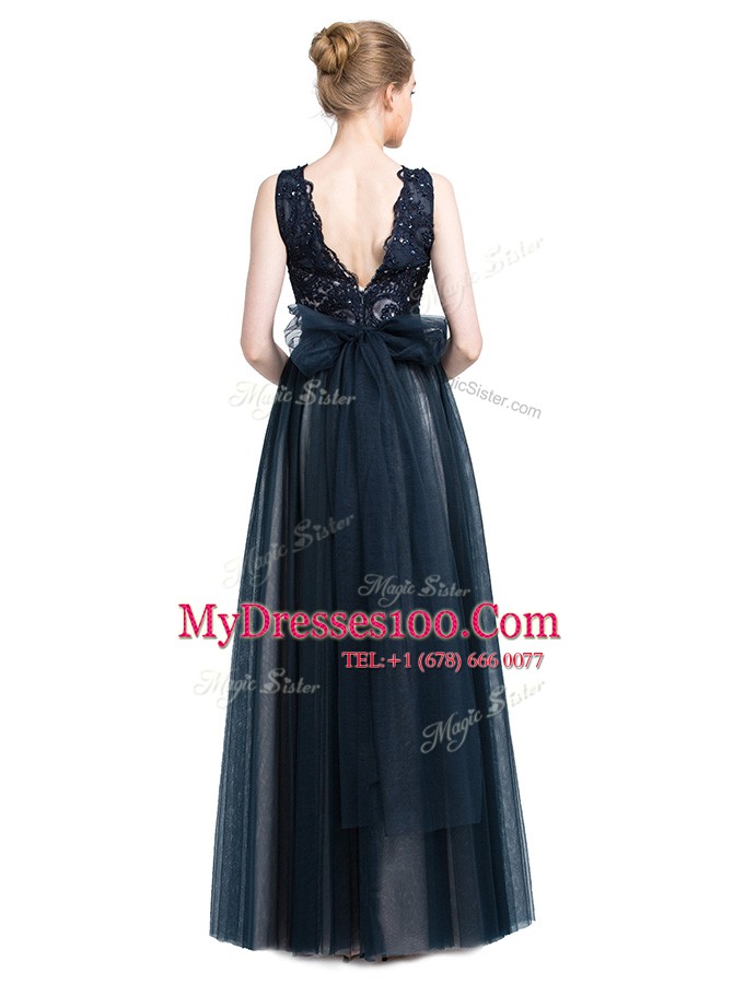 Chic Scalloped Navy Blue Zipper Dress for Prom Beading and Lace Sleeveless Floor Length