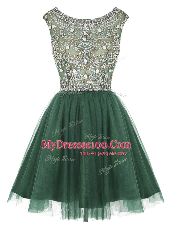 A-line Prom Gown Peacock Green Scoop Tulle Sleeveless Mini Length Zipper
