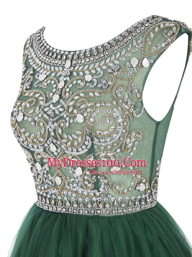 A-line Prom Gown Peacock Green Scoop Tulle Sleeveless Mini Length Zipper