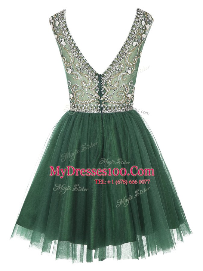 A-line Prom Gown Peacock Green Scoop Tulle Sleeveless Mini Length Zipper