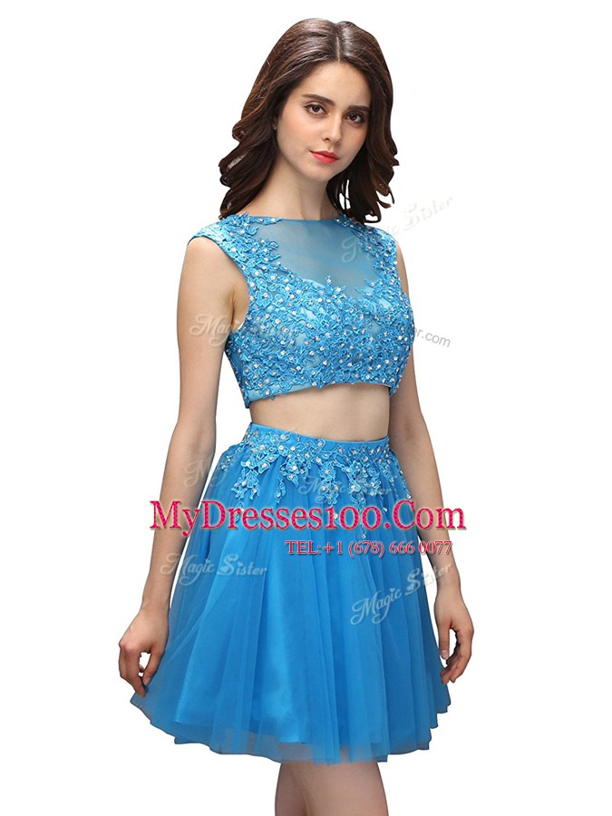 Fashion Sleeveless Mini Length Beading and Appliques Zipper Party Dress for Toddlers with Baby Blue