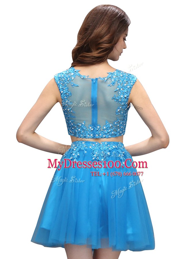 Fashion Sleeveless Mini Length Beading and Appliques Zipper Party Dress for Toddlers with Baby Blue