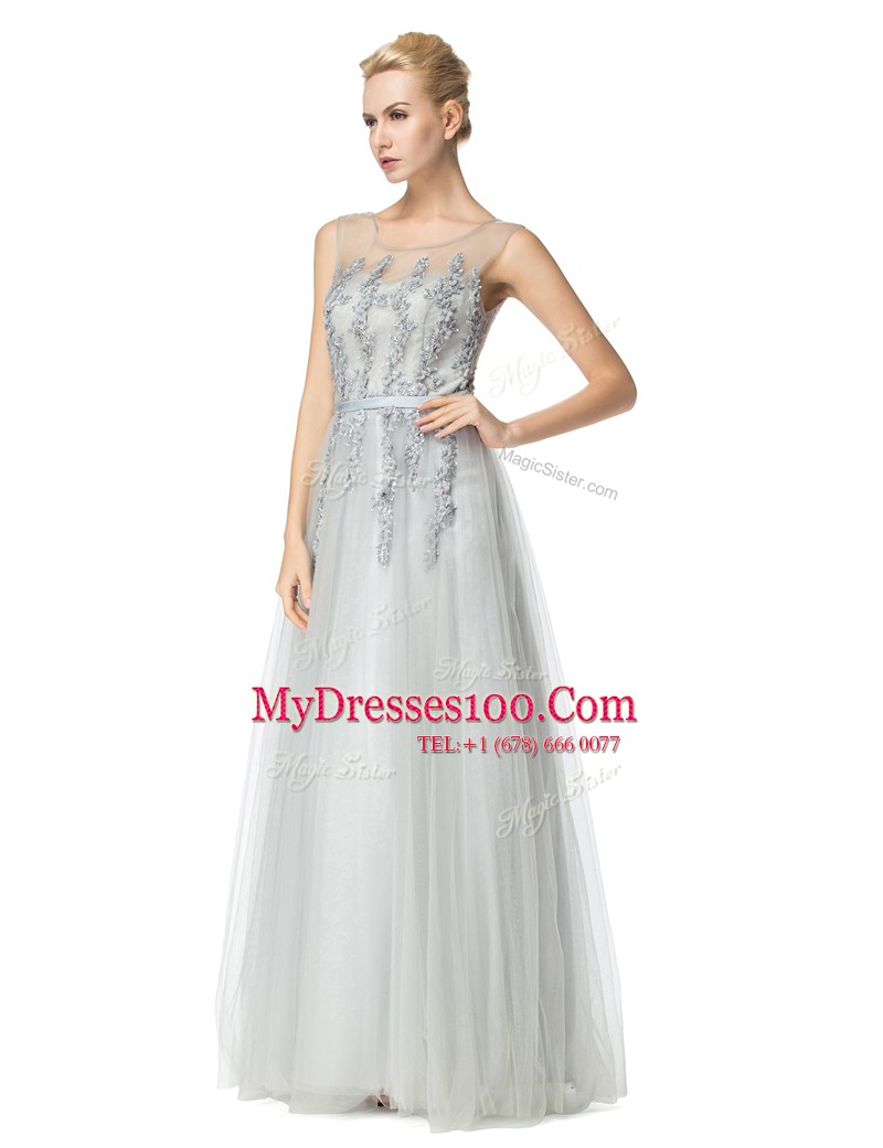 Ideal Scoop Silver Empire Appliques Zipper Tulle Sleeveless Floor Length