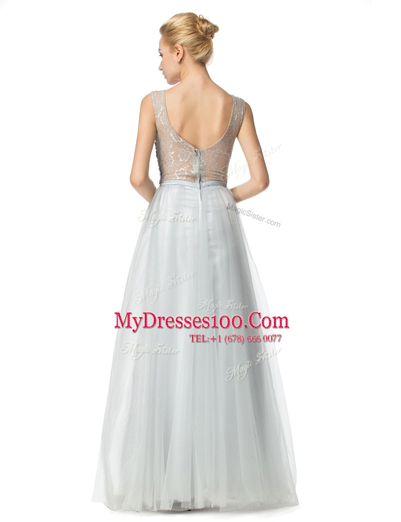 Ideal Scoop Silver Empire Appliques Zipper Tulle Sleeveless Floor Length