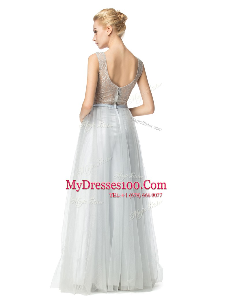 Ideal Scoop Silver Empire Appliques Zipper Tulle Sleeveless Floor Length