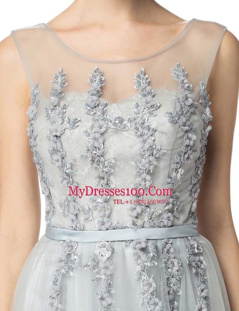 Ideal Scoop Silver Empire Appliques Zipper Tulle Sleeveless Floor Length