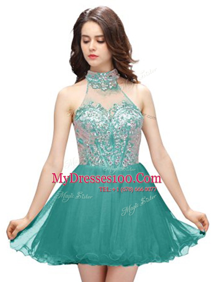 Exceptional Teal A-line Beading Dress for Prom Zipper Organza Sleeveless Mini Length