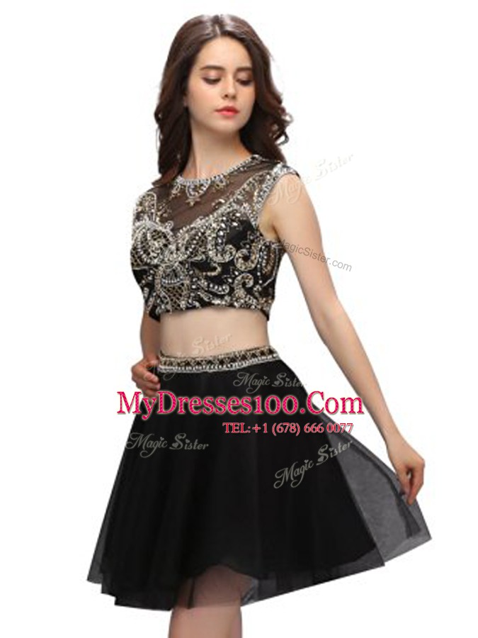 Customized Two Pieces Homecoming Dress Navy Blue Scoop Tulle Sleeveless Mini Length Criss Cross