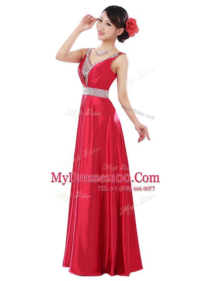 Sleeveless Zipper Floor Length Beading Evening Dress