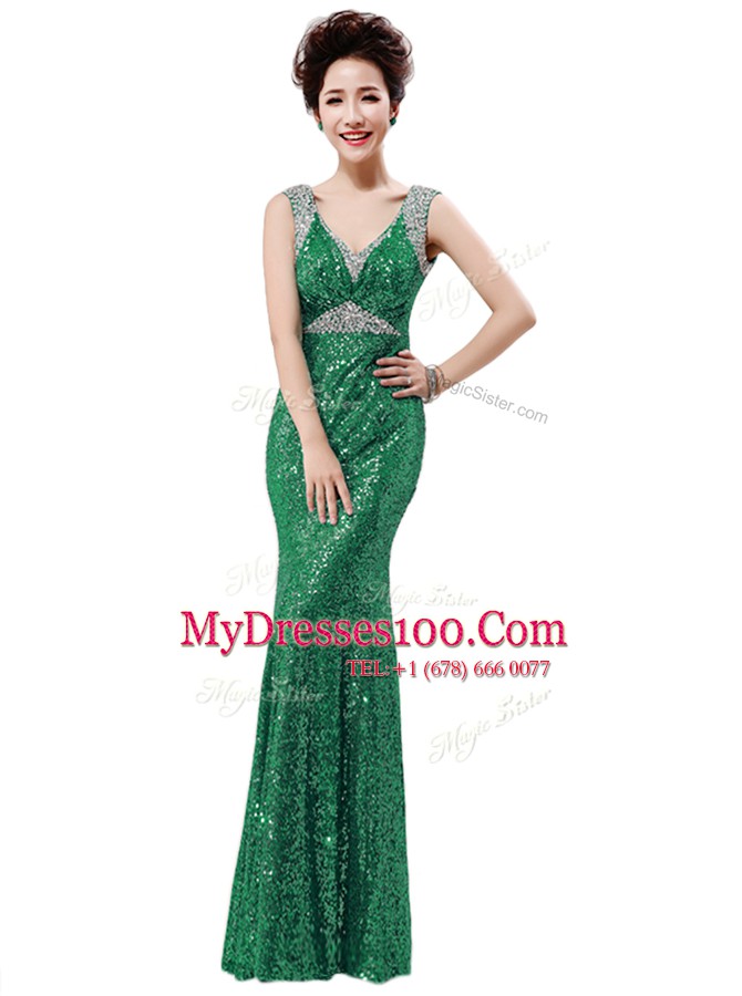 Sleeveless Sequined Floor Length Zipper Prom Dress in Green with Sequins
