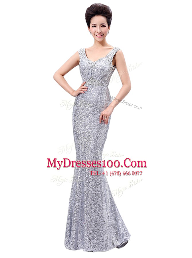 Dazzling Silver Sequined Zipper Sleeveless Floor Length Sequins
