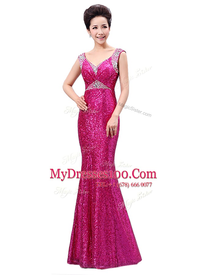 V-neck Sleeveless Sequined Evening Dress Sequins Zipper