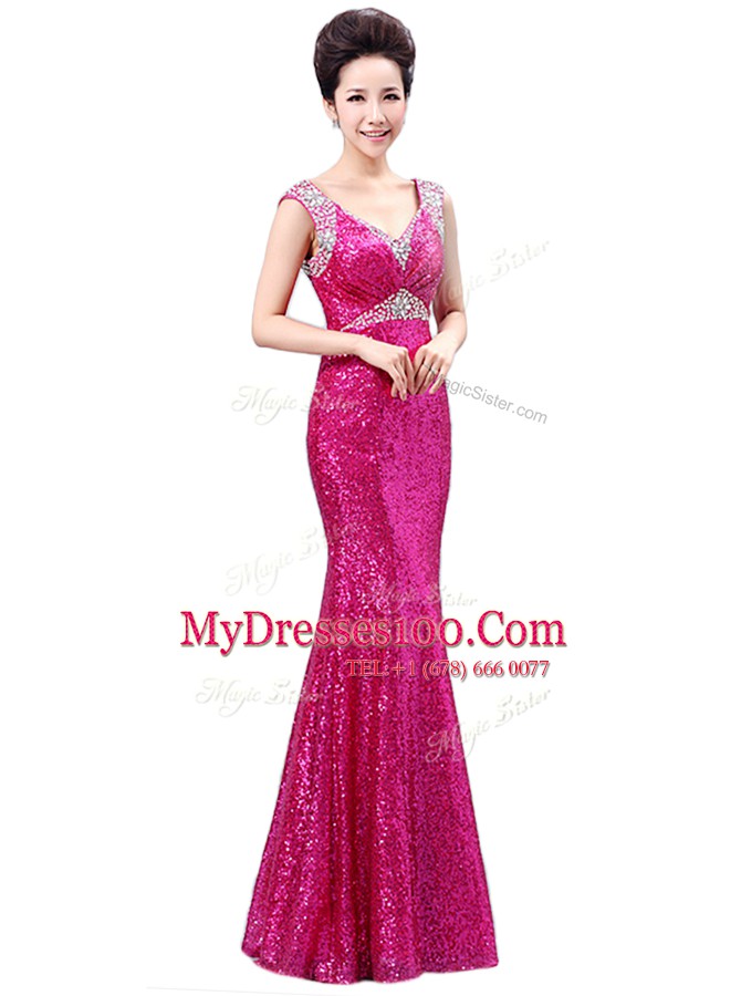 V-neck Sleeveless Sequined Evening Dress Sequins Zipper