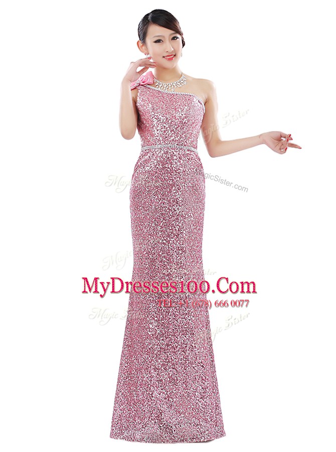 One Shoulder Sleeveless Zipper Floor Length Sequins Homecoming Dress