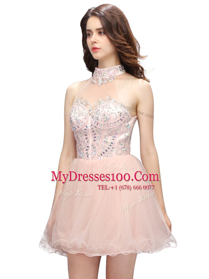 Attractive Organza High-neck Sleeveless Zipper Beading Dress for Prom in Pink