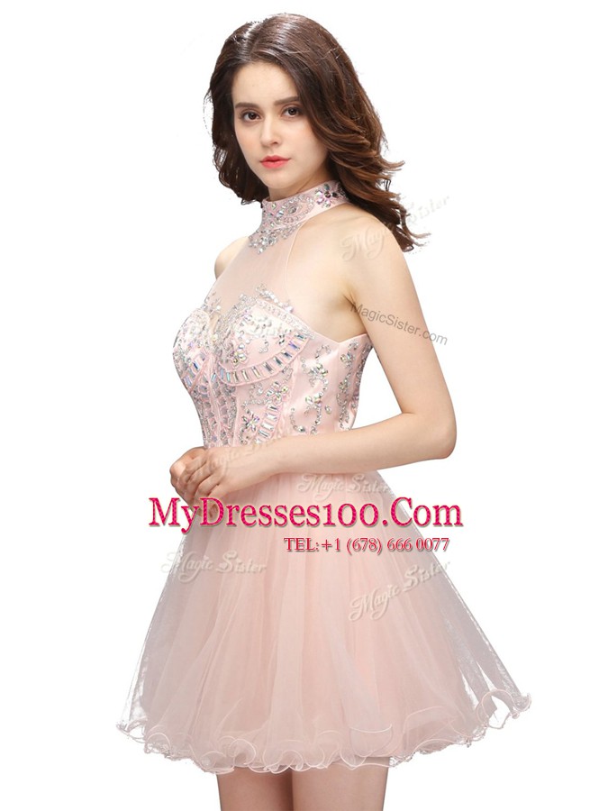 Attractive Organza High-neck Sleeveless Zipper Beading Dress for Prom in Pink