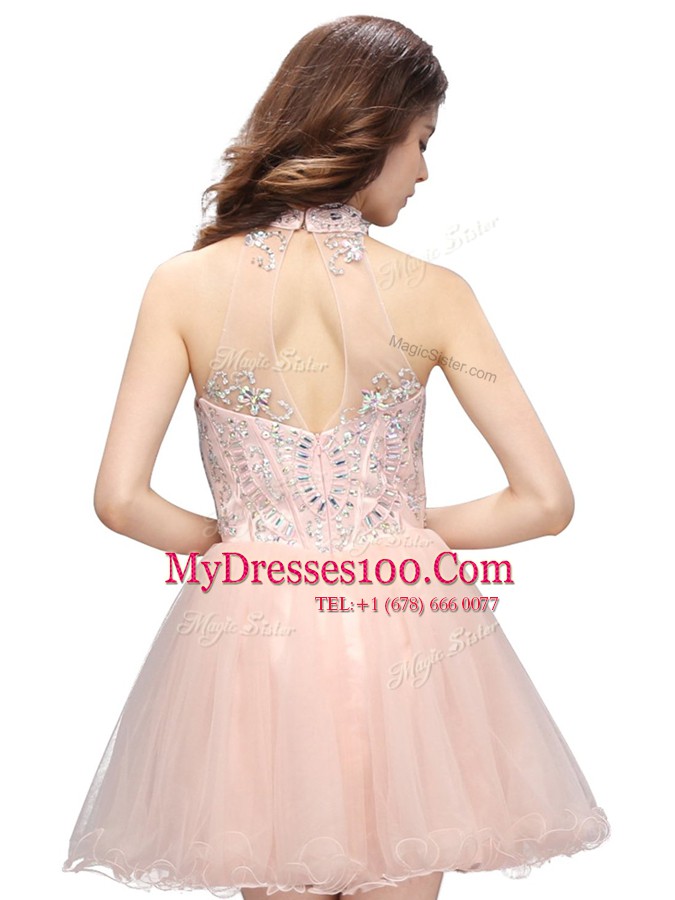 Attractive Organza High-neck Sleeveless Zipper Beading Dress for Prom in Pink