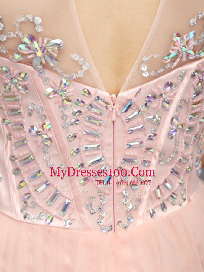 Attractive Organza High-neck Sleeveless Zipper Beading Dress for Prom in Pink