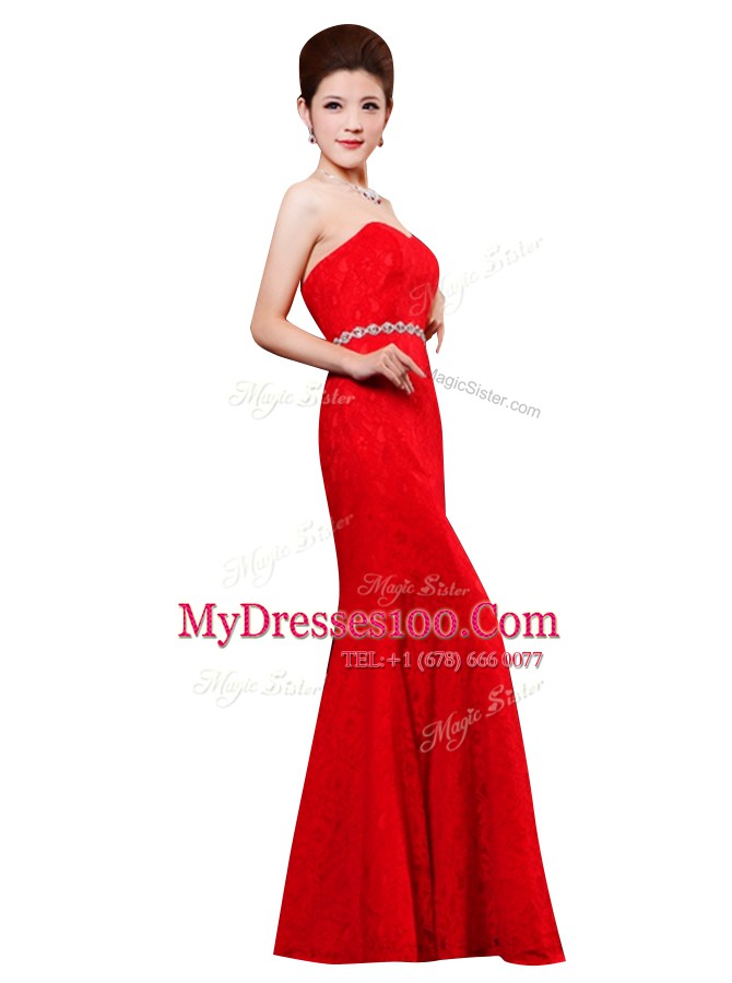 Lace Floor Length Column/Sheath Sleeveless Red Homecoming Dress Zipper