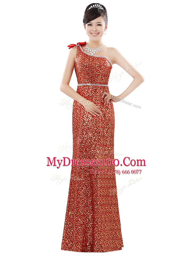 Superior One Shoulder Sequins Floor Length Column/Sheath Sleeveless Orange Prom Gown Zipper