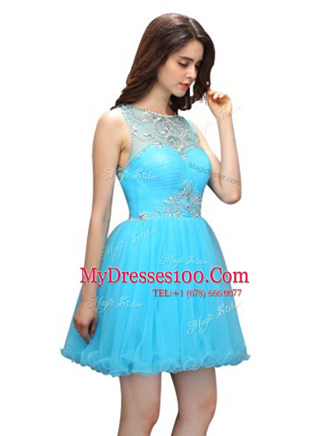 Scoop Sleeveless Zipper Mini Length Beading Dress for Prom
