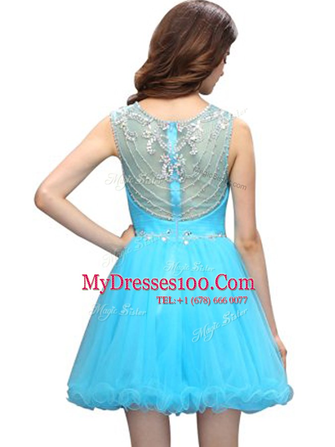 Scoop Sleeveless Zipper Mini Length Beading Dress for Prom
