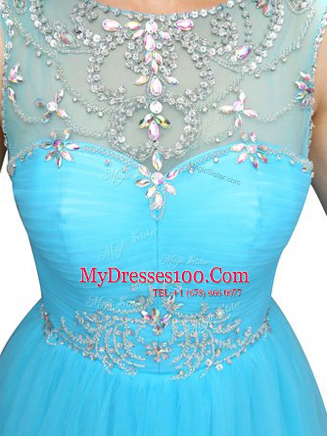 Scoop Sleeveless Zipper Mini Length Beading Dress for Prom