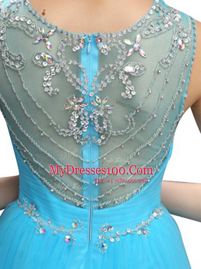 Scoop Sleeveless Zipper Mini Length Beading Dress for Prom