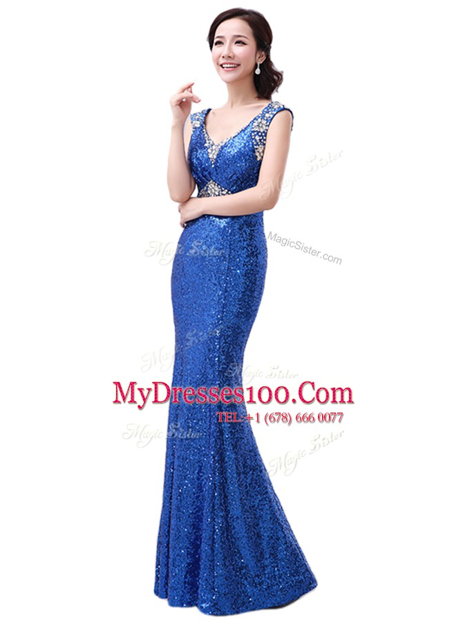 Classical Sequins Royal Blue Sleeveless Sequined Zipper Prom Dress for Prom and Party